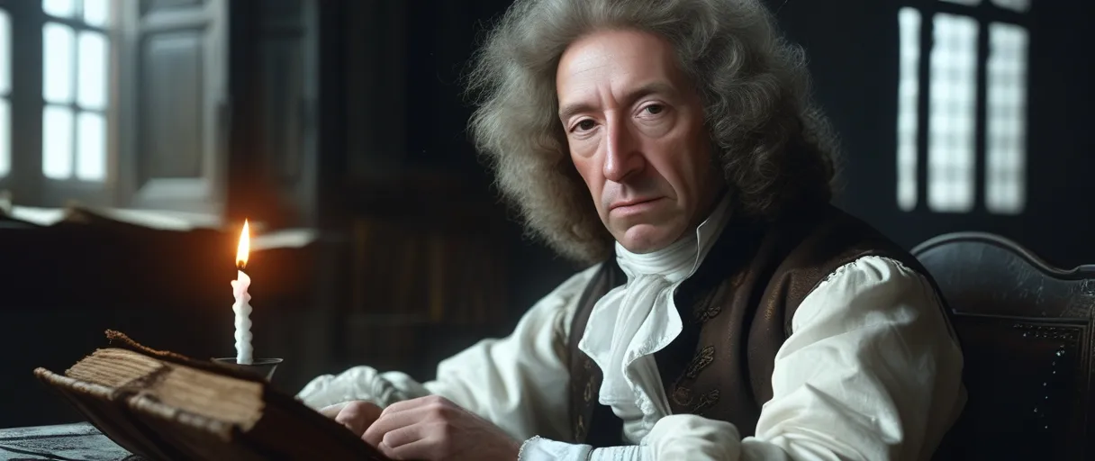 Daniel Defoe walking through the countryside of Stoke Newington, London, Kingdom of Great Britain, reflecting a philosophical thinker and critical of class structures spirit.