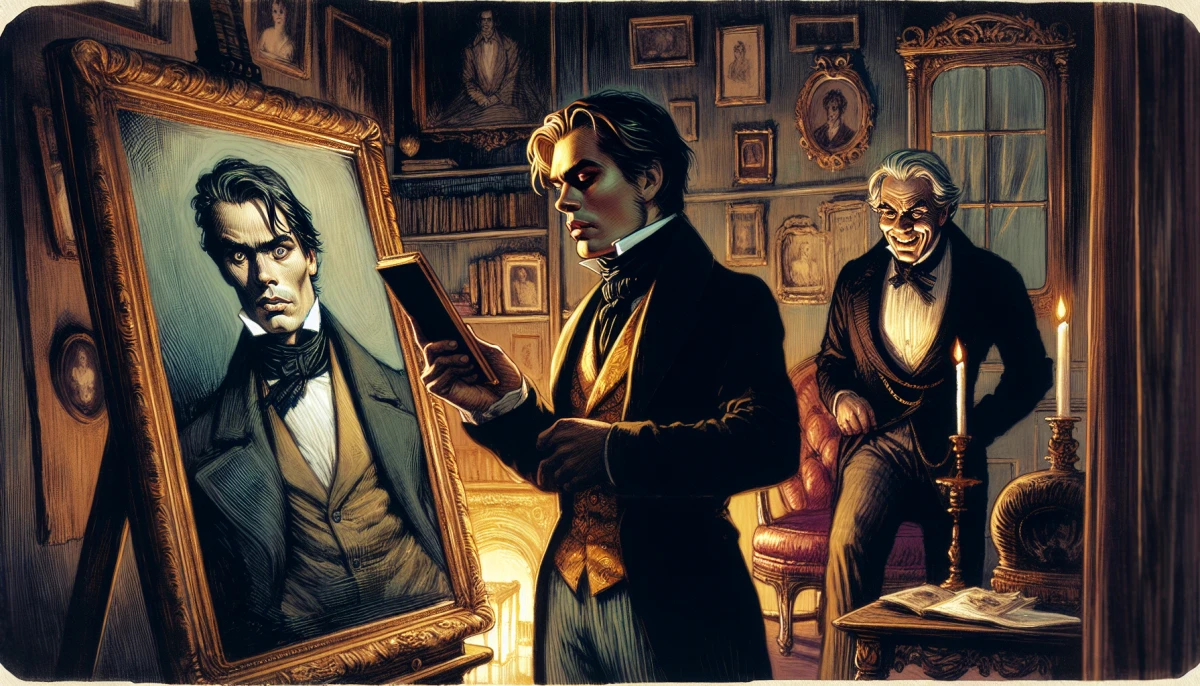 Illustration of Dorian Gray during the climax of Dorian Gray, from the scene 'Murder of Basil Hallward'