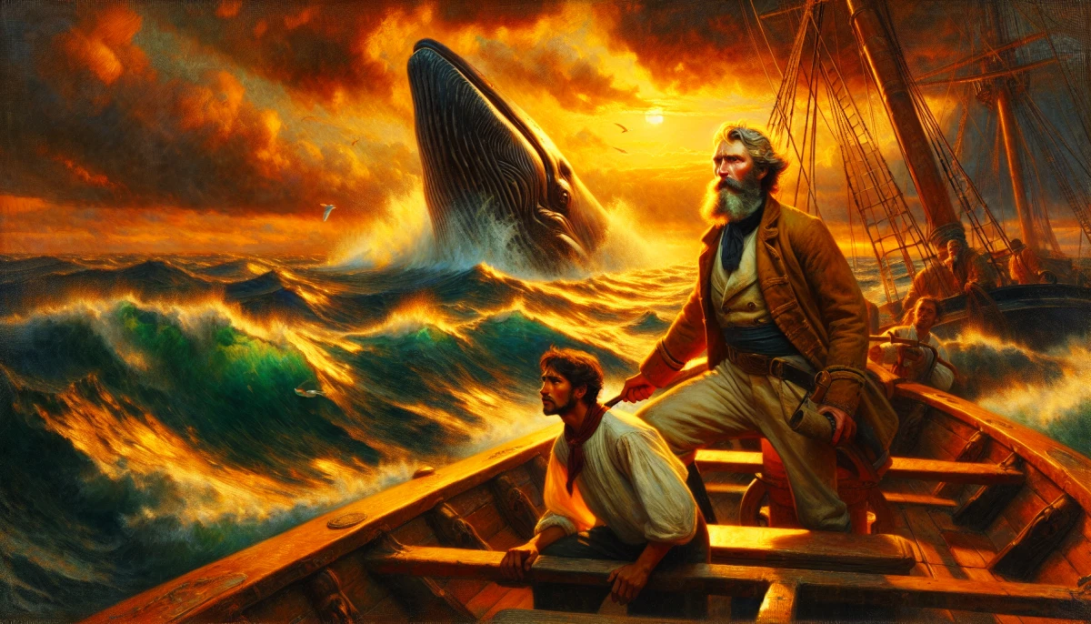 Illustration of Ishmael during the climax of Moby Dick, from the scene 'Destruction of the Pequod'