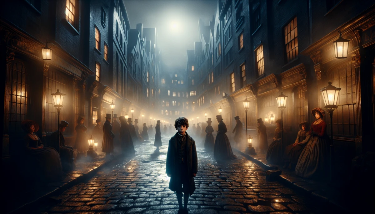 Illustration of Oliver Twist during the climax of Oliver Twist, from the scene 'Nancy's Betrayal and Death'