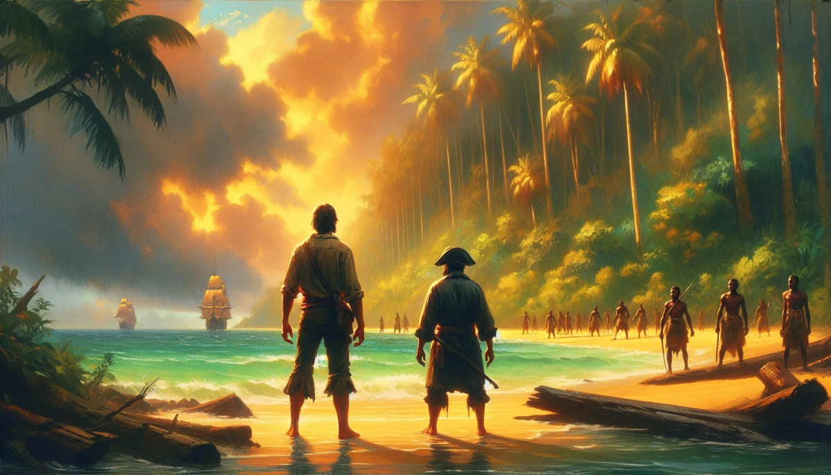 Illustration of Robinson Crusoe during the climax of The Further Adventures of Robinson Crusoe, from the scene 'Battle for Survival'